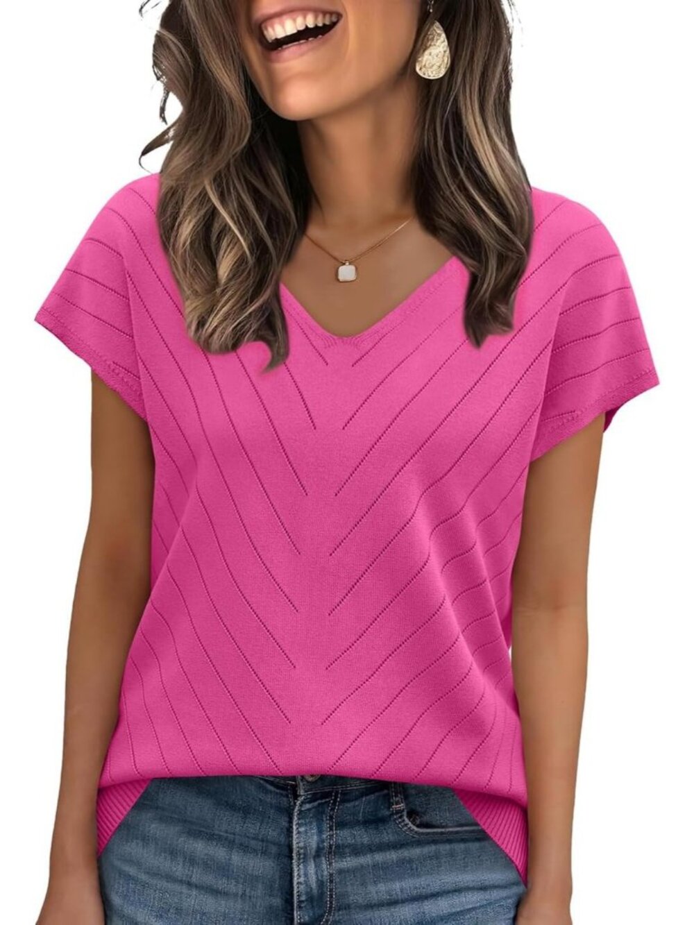 Women's H Pink Trendy Summer Tops Sweater Pullover V-Neck Pull On Short Sleeve